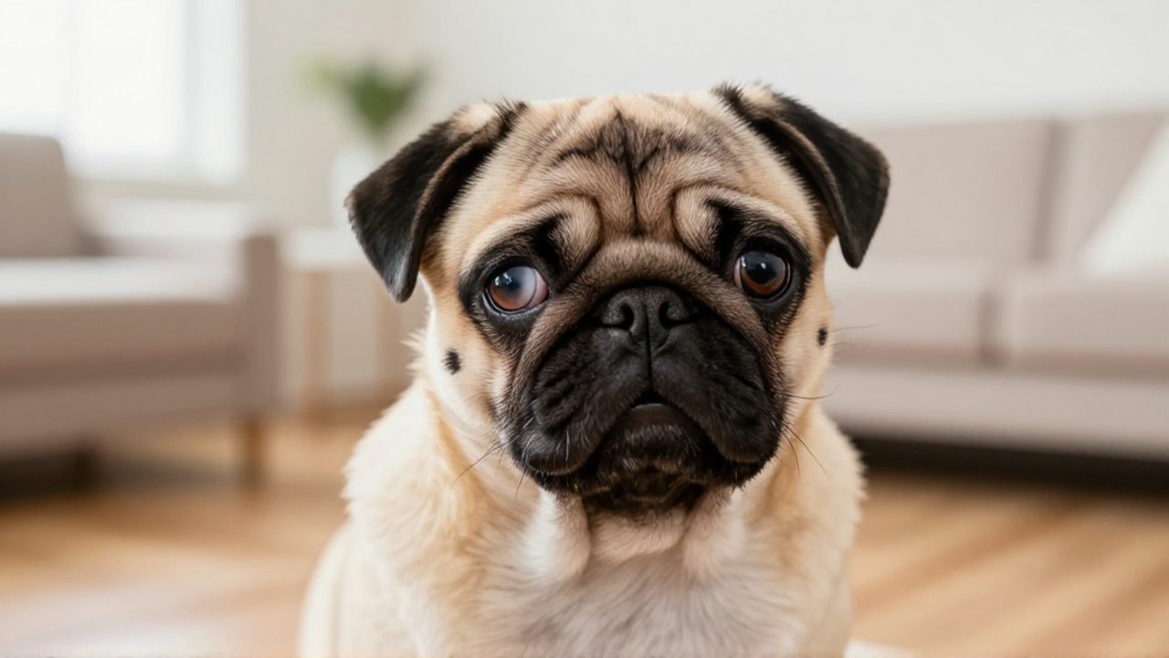Primer plano de un cachorro de pug que muestra un ojo ligeramente desviado hacia el interior.