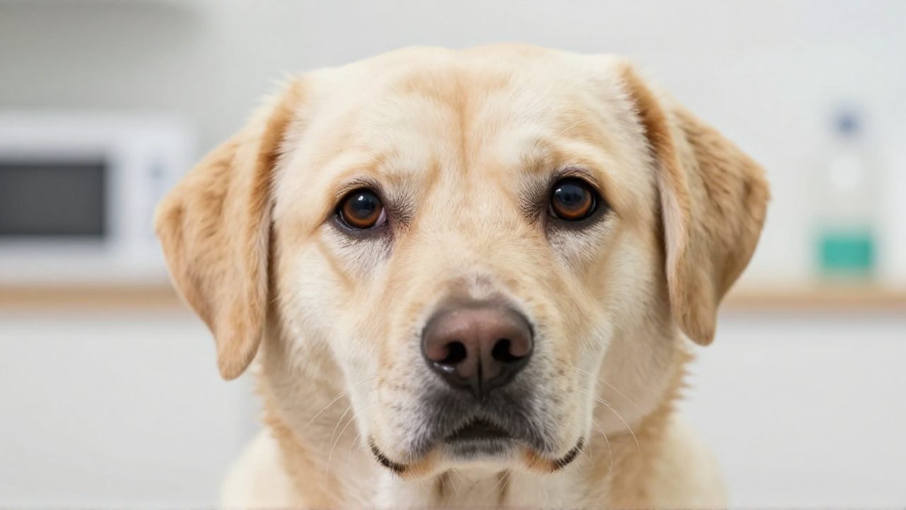 Primer plano de la cara de un perro que muestra una ligera desalineación ocular característica del estrabismo en un entorno clínico.