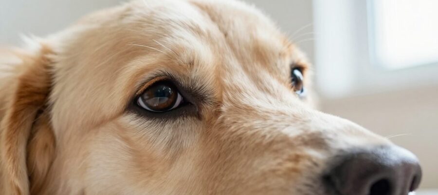 Primer plano de los ojos de un perro que muestran una ligera desviación ocular característica del estrabismo.