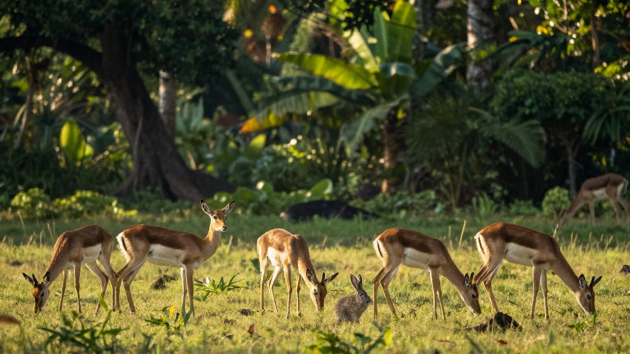 Una gacela y un conejo pastan con actitud alerta en un prado luminoso junto a la orilla de un bosque tropical.