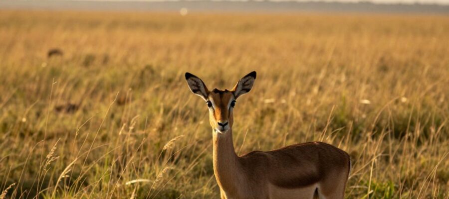 Una gacela alerta observa su entorno entre la hierba alta de la sabana africana durante el atardecer.