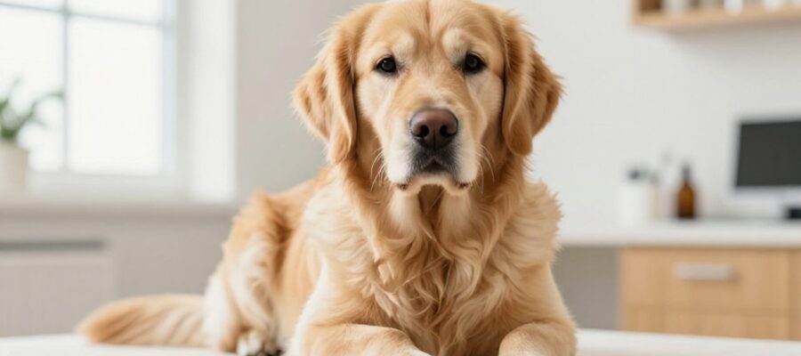 Perro Golden Retriever con expresión tranquila sentado en una clínica veterinaria luminosa.