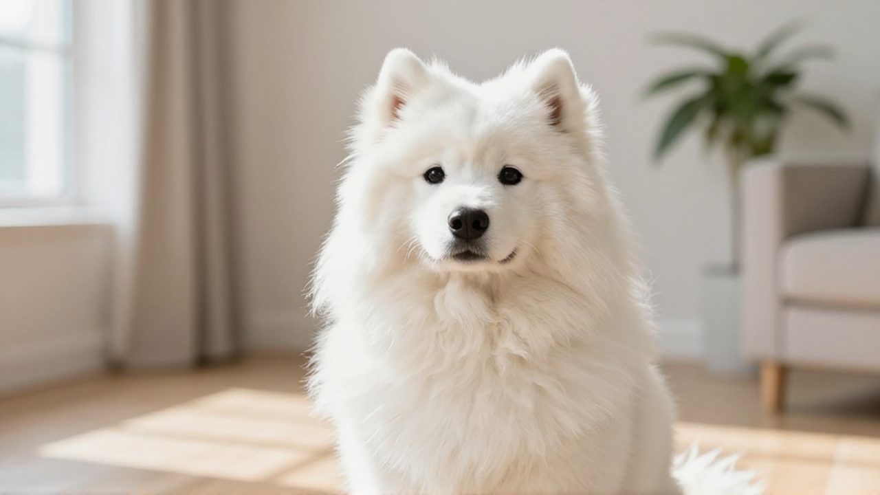 Perro Samoyedo de pelaje blanco y esponjoso sentado en una luminosa sala de estar moderna.