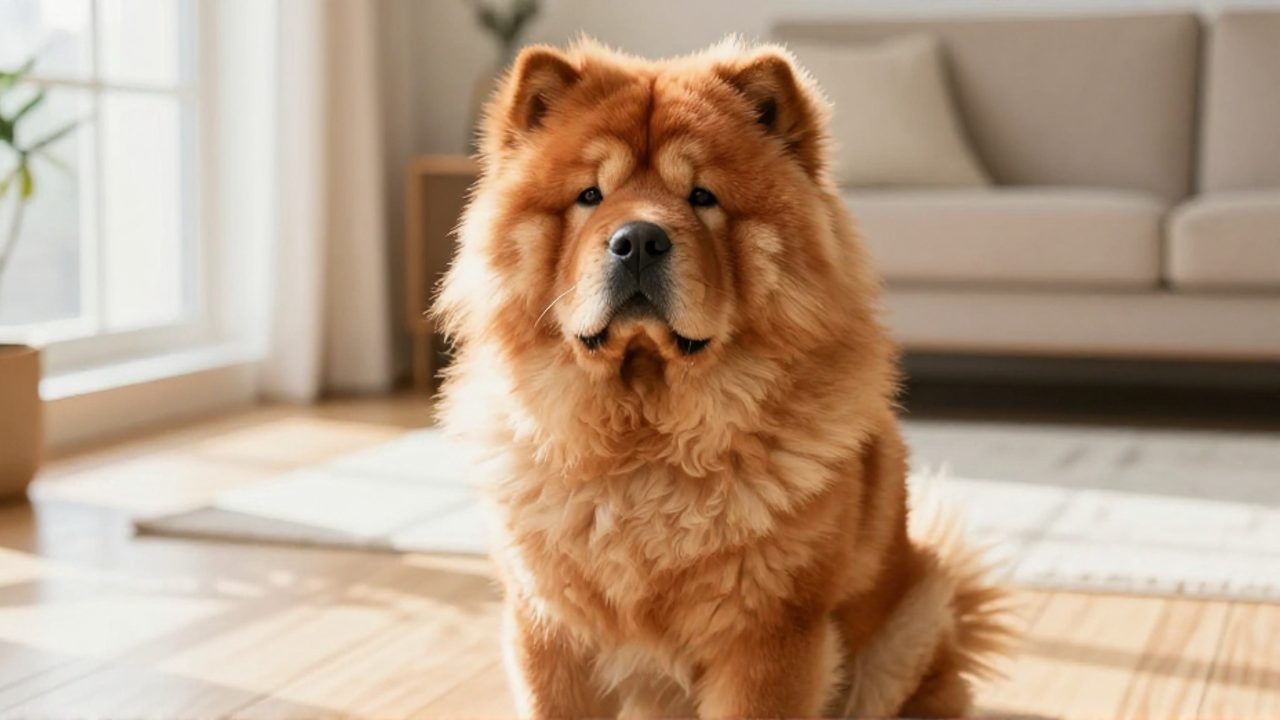 Perro Chow Chow de pelaje espeso y color naranja sentado tranquilamente en una sala de estar iluminada por el sol.