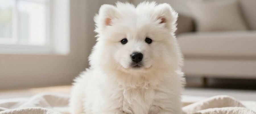 Cachorro de Samoyedo con pelaje blanco muy denso y esponjoso sentado sobre una manta de lino.