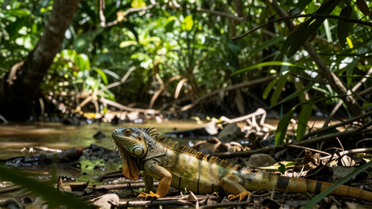 Una iguana verde alerta emerge de la vegetación tropical hacia la orilla de un río en un ecosistema alterado.