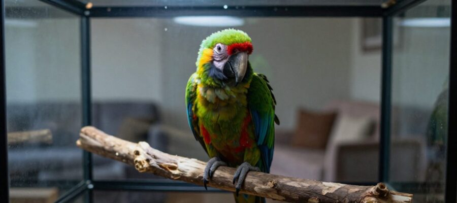 Un guacamayo de colores brillantes posado en una rama dentro de un terrario de cristal pequeño y estrecho en una sala de estar.