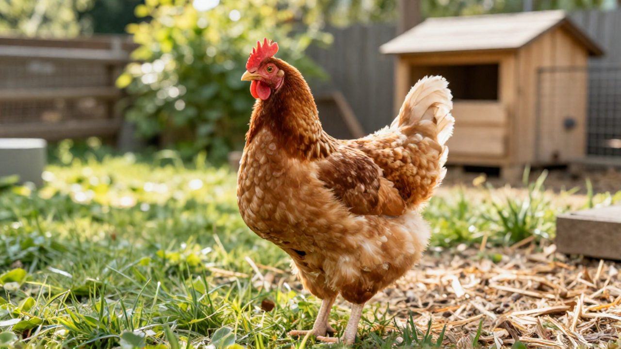 Una gallina de raza Frizzle con su plumaje rizado de pie en un gallinero exterior amplio y luminoso con césped y un cobertizo al fondo.