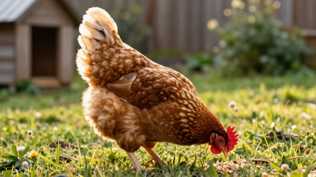 Gallina de raza frizzle con plumaje rizado picoteando el suelo en un corral de césped iluminado por el sol.