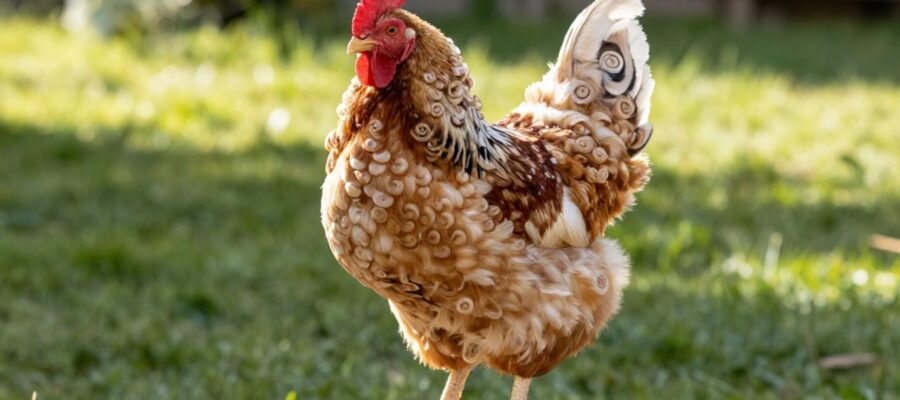 Gallina de raza Frizzle con su plumaje característico de plumas rizadas hacia afuera, posada sobre una superficie de madera en un entorno de granja.