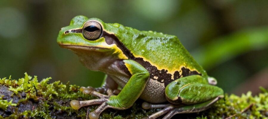 Primer plano de una rana arborícola de colores verde y amarillo sobre una rama con musgo en una selva tropical.