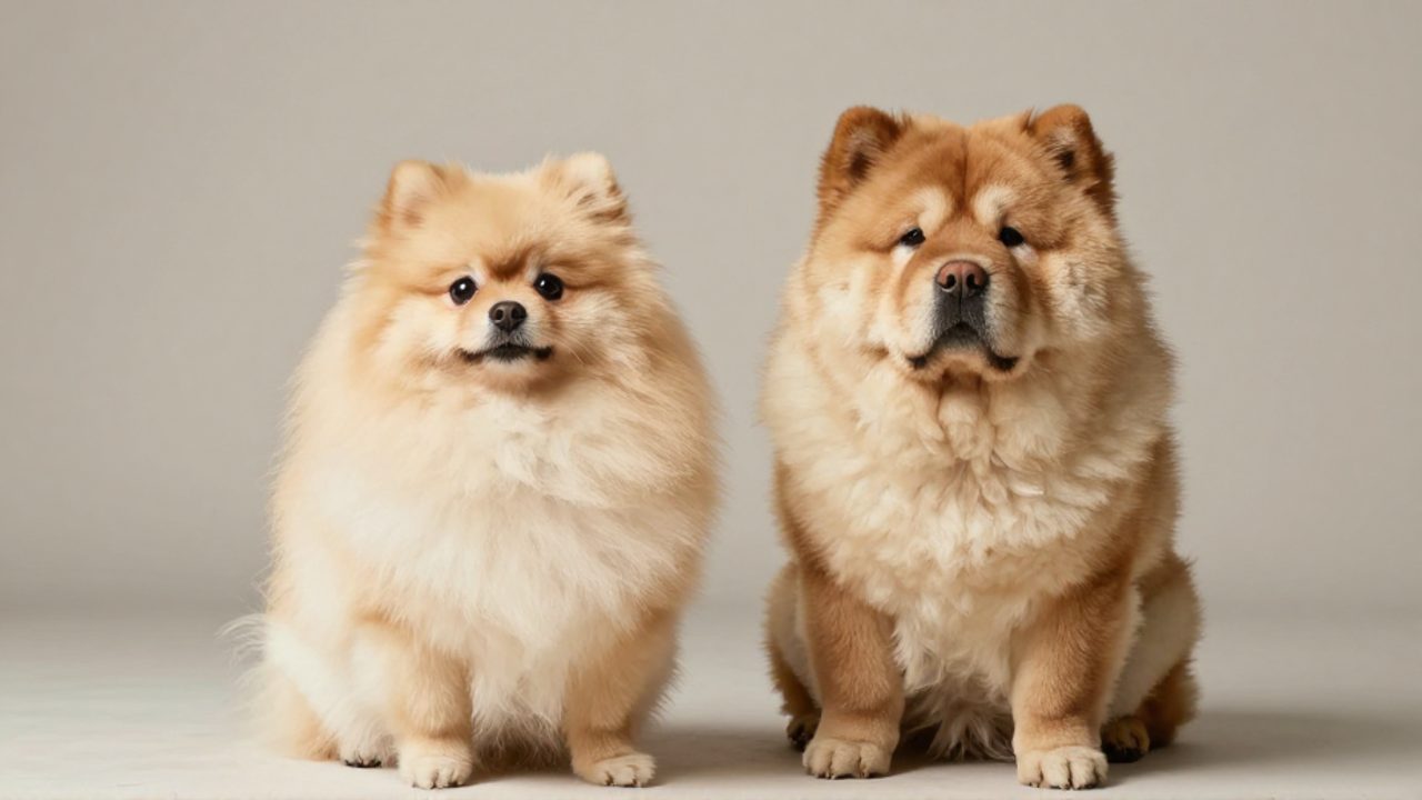 Un Pomerania y un Chow Chow posan juntos sentados sobre un fondo gris, destacando su abundante y suave pelaje.