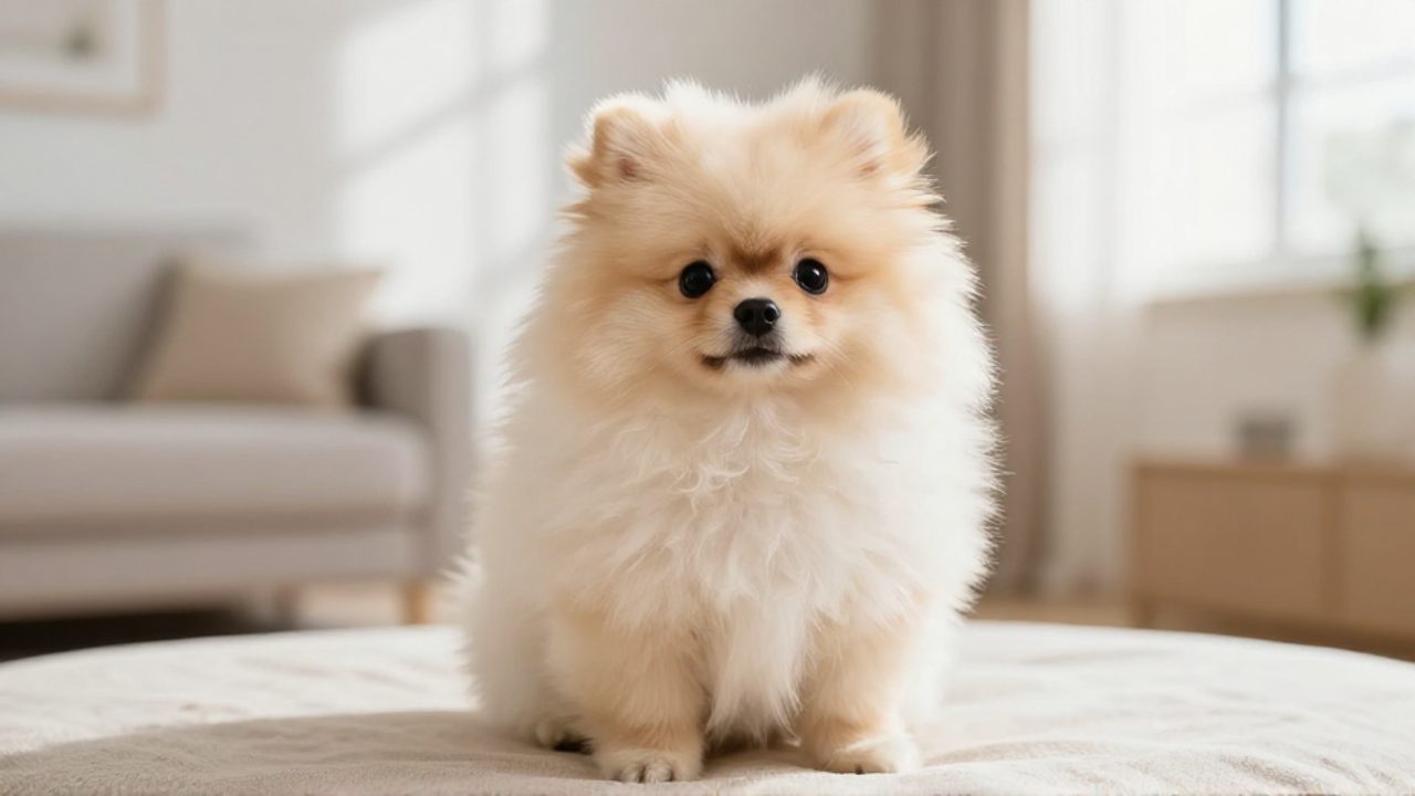 Cachorro de pomerania con pelaje denso y esponjoso de color crema sentado sobre una superficie de lino.