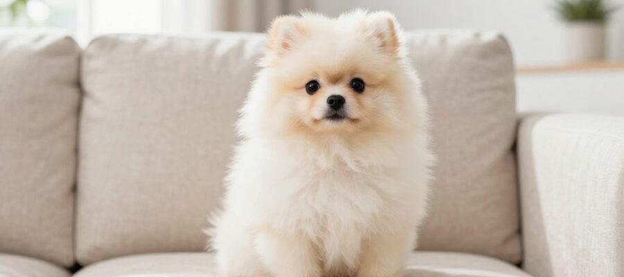 Cachorro de Pomerania de pelaje blanco y esponjoso sentado en un sofá en una sala luminosa.