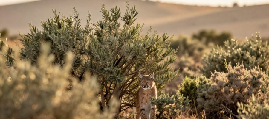Lince ibérico observando entre la densa vegetación de matorrales y ramas de olivo en un paisaje de colinas mediterráneas.