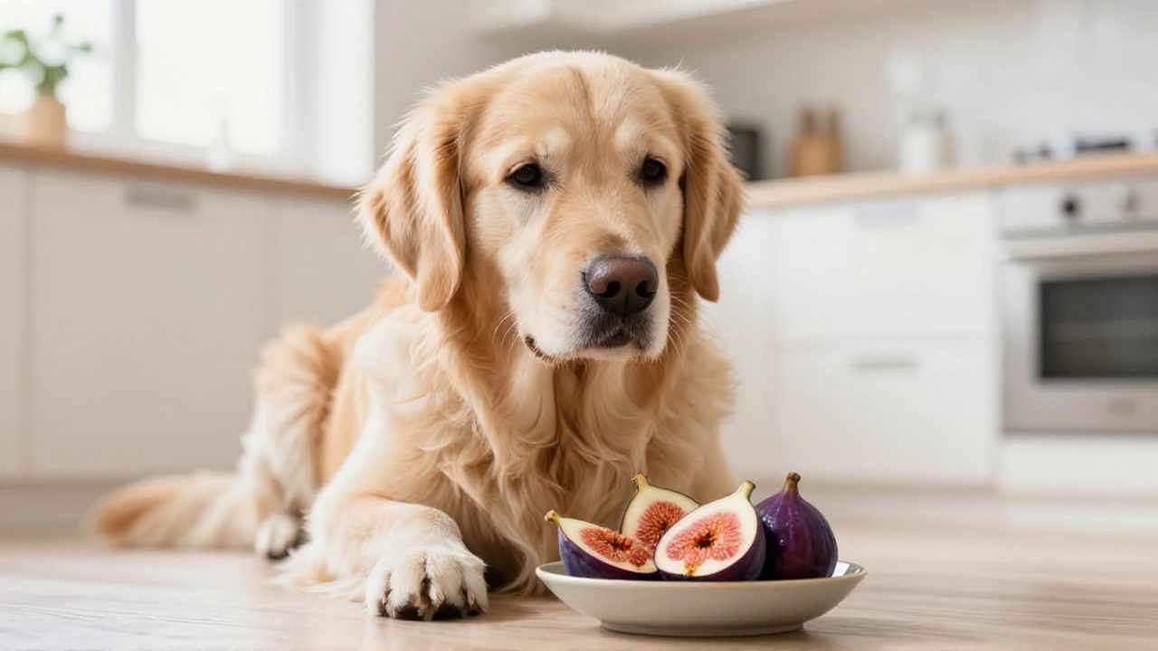 Un perro Golden Retriever mira con curiosidad un pequeño cuenco con trozos de higos frescos en una cocina luminosa.