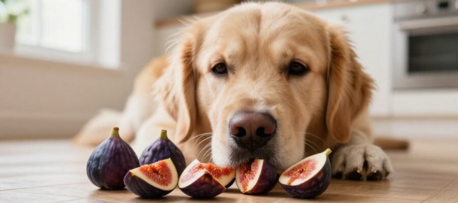 Un perro Golden Retriever observa con curiosidad trozos pequeños de higo morado cortados en el suelo de una cocina luminosa.