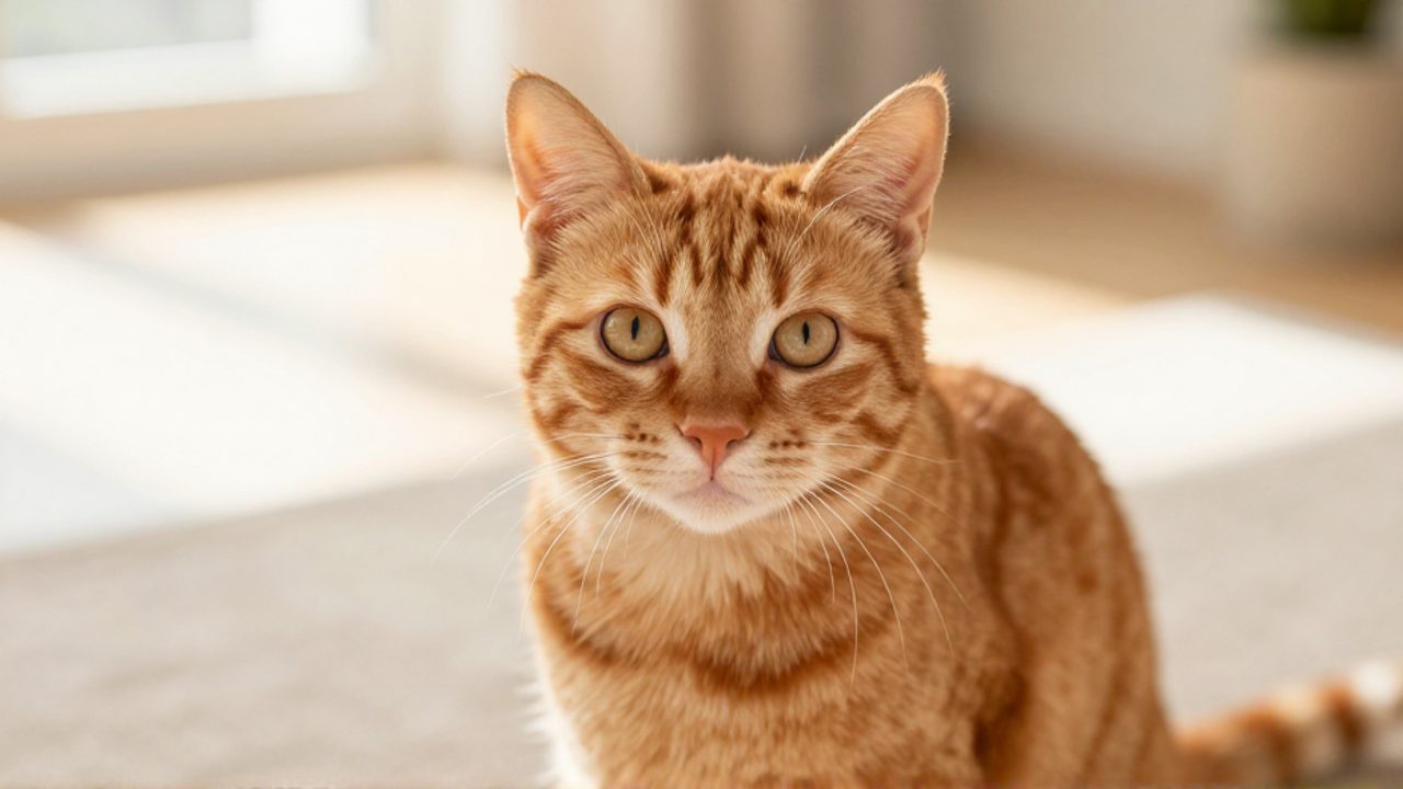 Gato tabby de color naranja brillante sentado sobre una superficie de lino en un ambiente doméstico iluminado por luz natural.