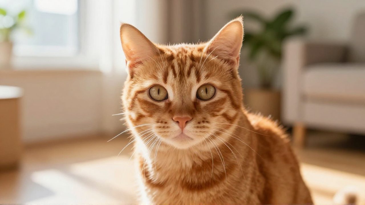 Gato atigrado de color naranja con mirada curiosa en una sala de estar iluminada por el sol.