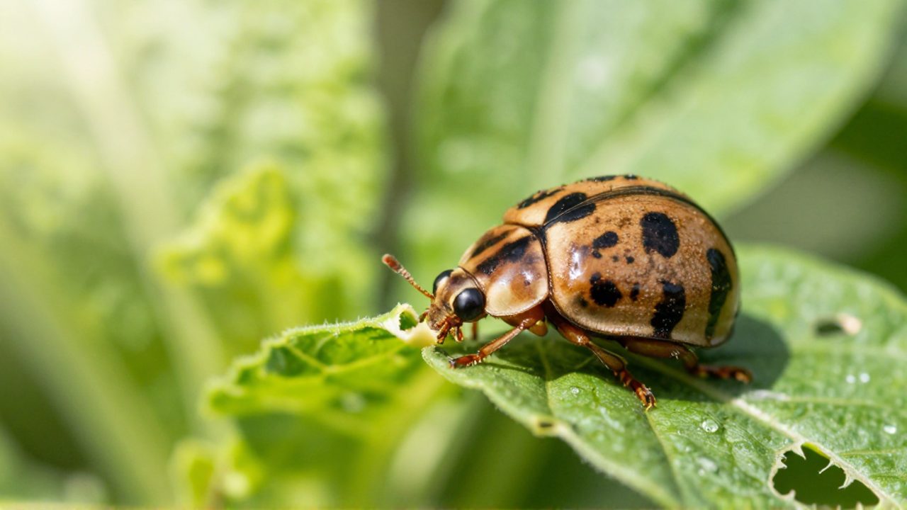 Mariquita de la subfamilia Epilachninae alimentándose del borde de una hoja verde en un huerto.