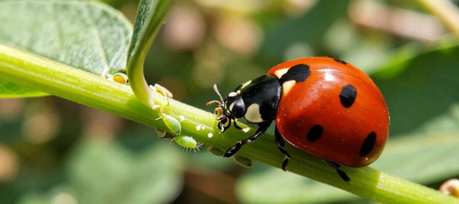 Una mariquita roja con manchas negras se desplaza por el tallo de una planta para alimentarse de un grupo de pulgones verdes.