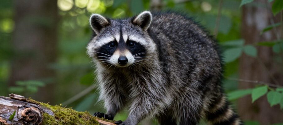 Un mapache norteamericano con su característica máscara negra observa con curiosidad desde un tronco con musgo en un bosque verde.
