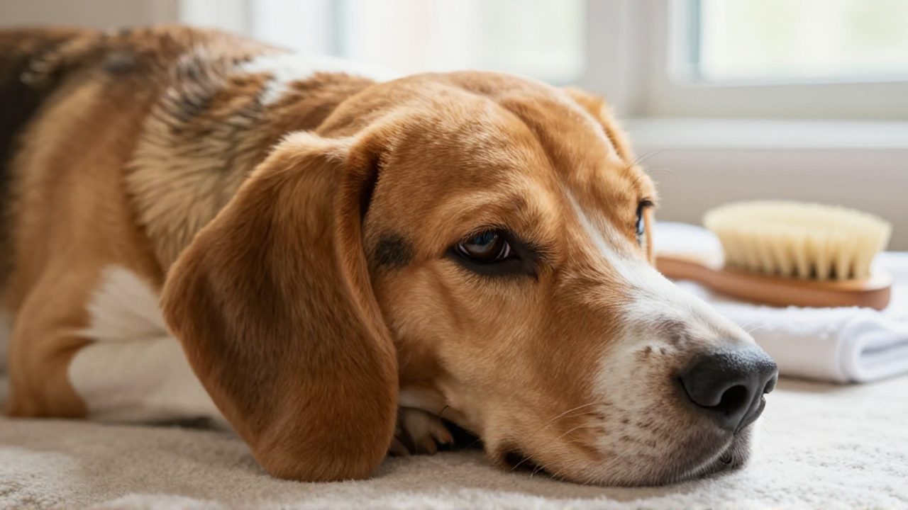 Un perro de pelo corto y brillante descansa sobre una superficie textil suave junto a un cepillo de madera y una toalla blanca.