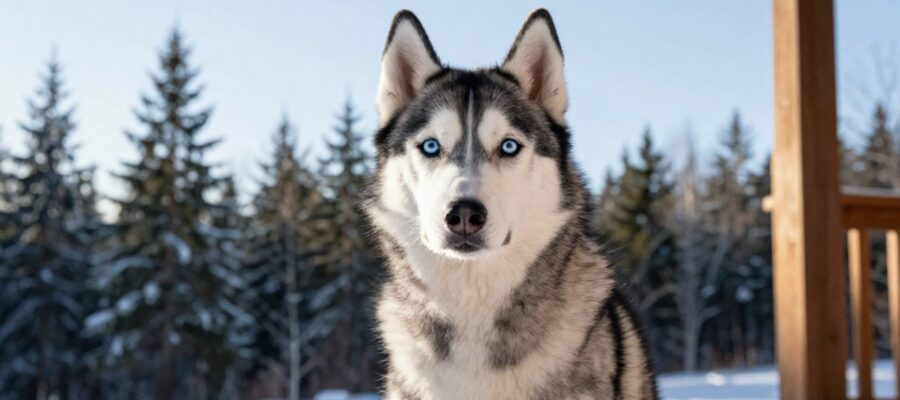 Un husky siberiano de ojos azules mira fijamente hacia la cámara mientras descansa en un porche de madera rodeado de un bosque nevado.