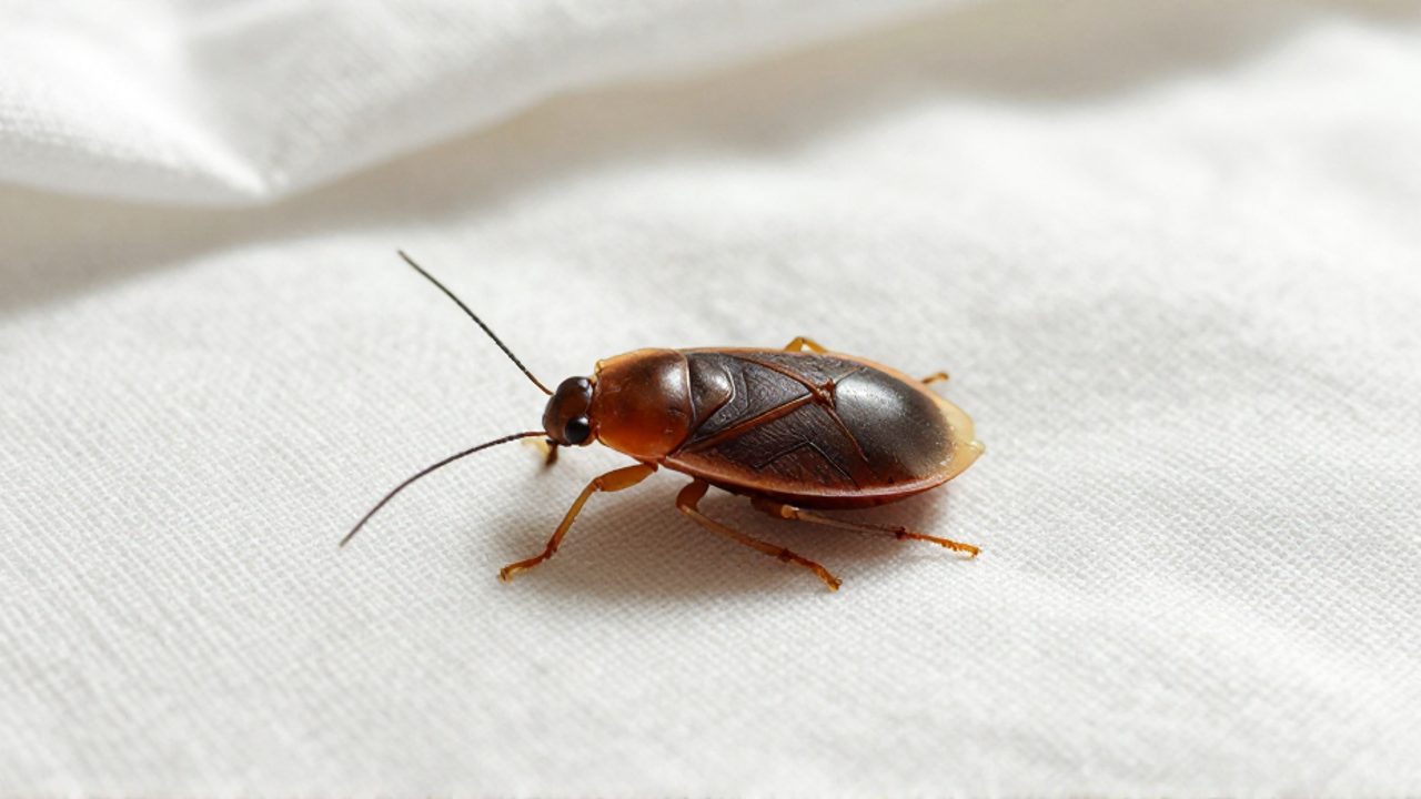 Una chinche de cama de color marrón rojizo posada sobre la textura de una sábana de algodón blanca.
