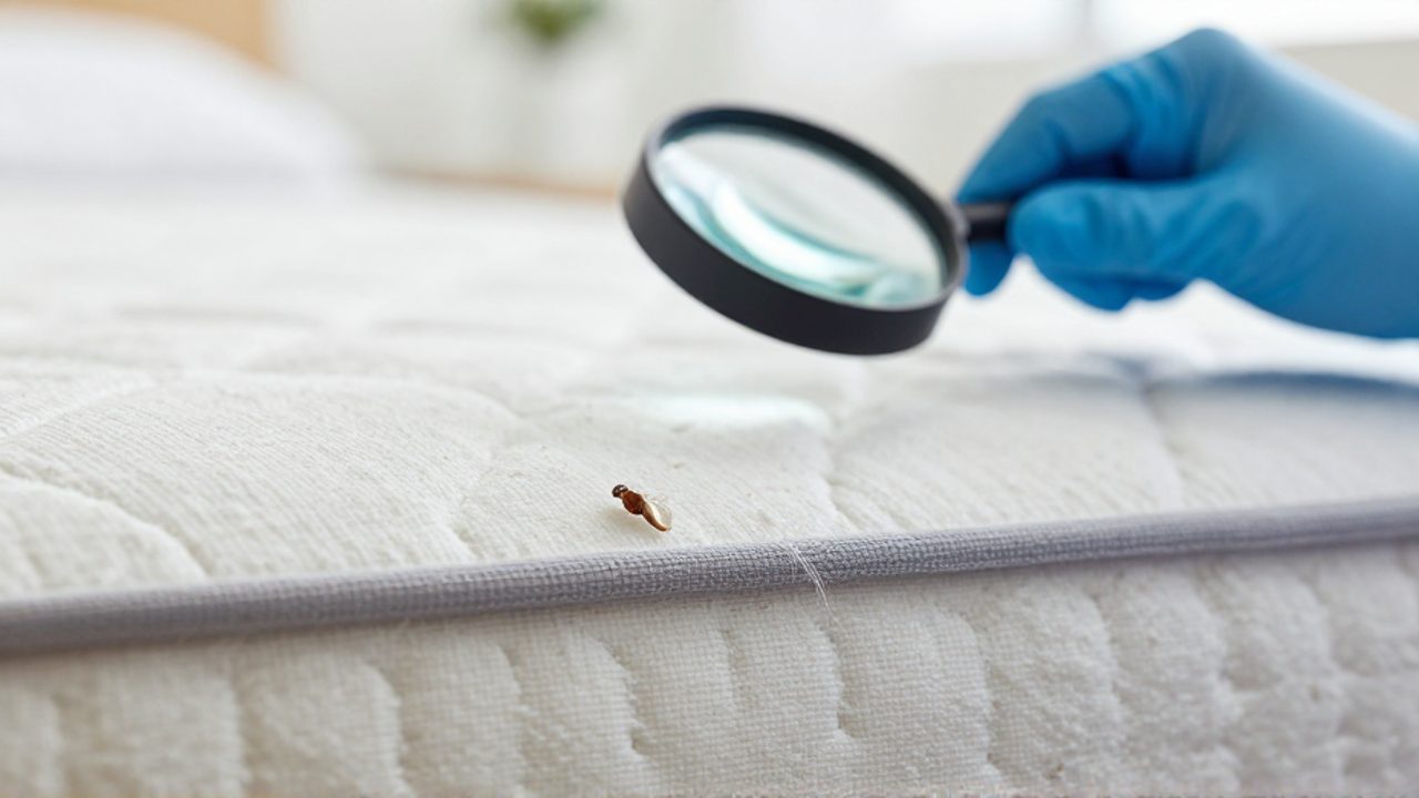 Unas manos con guantes azules usan una lupa para inspeccionar una muda de insecto cerca de la costura de un colchón.