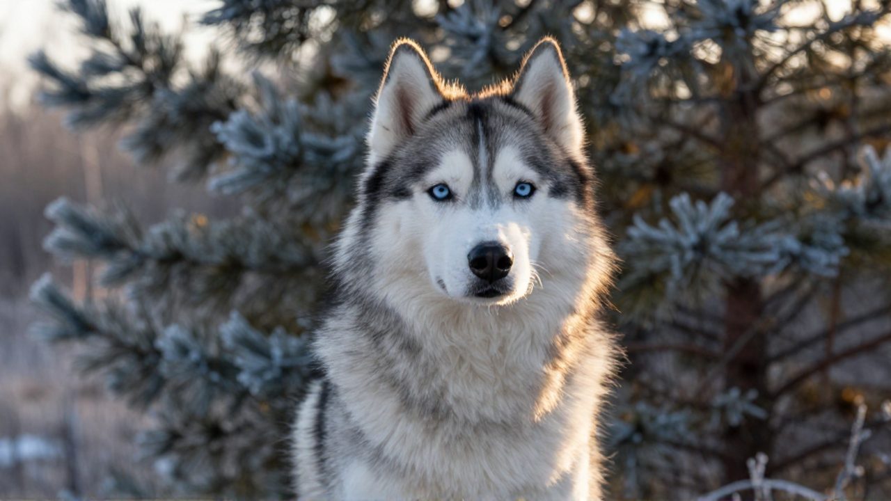 Primer plano de un husky siberiano con pelaje excepcionalmente largo y denso, destacando su textura abundante y sus ojos azules en un entorno de pinos con escarcha.