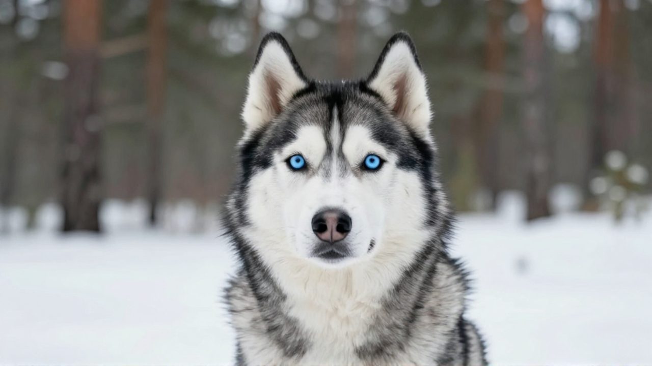 Primer plano de un perro husky siberiano de ojos azules con pelaje grueso sobre un fondo difuminado de un bosque de pinos.