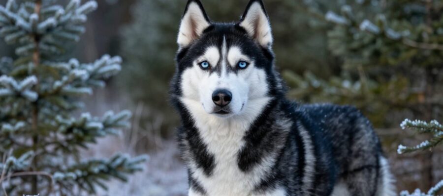 Un husky siberiano de pelaje blanco y negro con ojos azules brillantes posa en un bosque de coníferas con escarcha en el suelo.