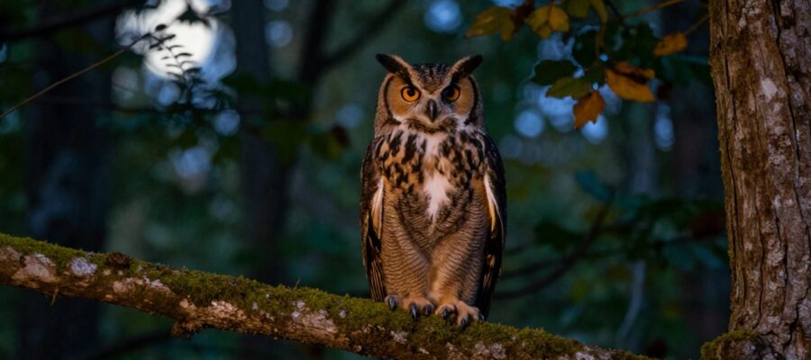 Un búho cornudo posado sobre una rama con musgo en un bosque templado durante el crepúsculo.