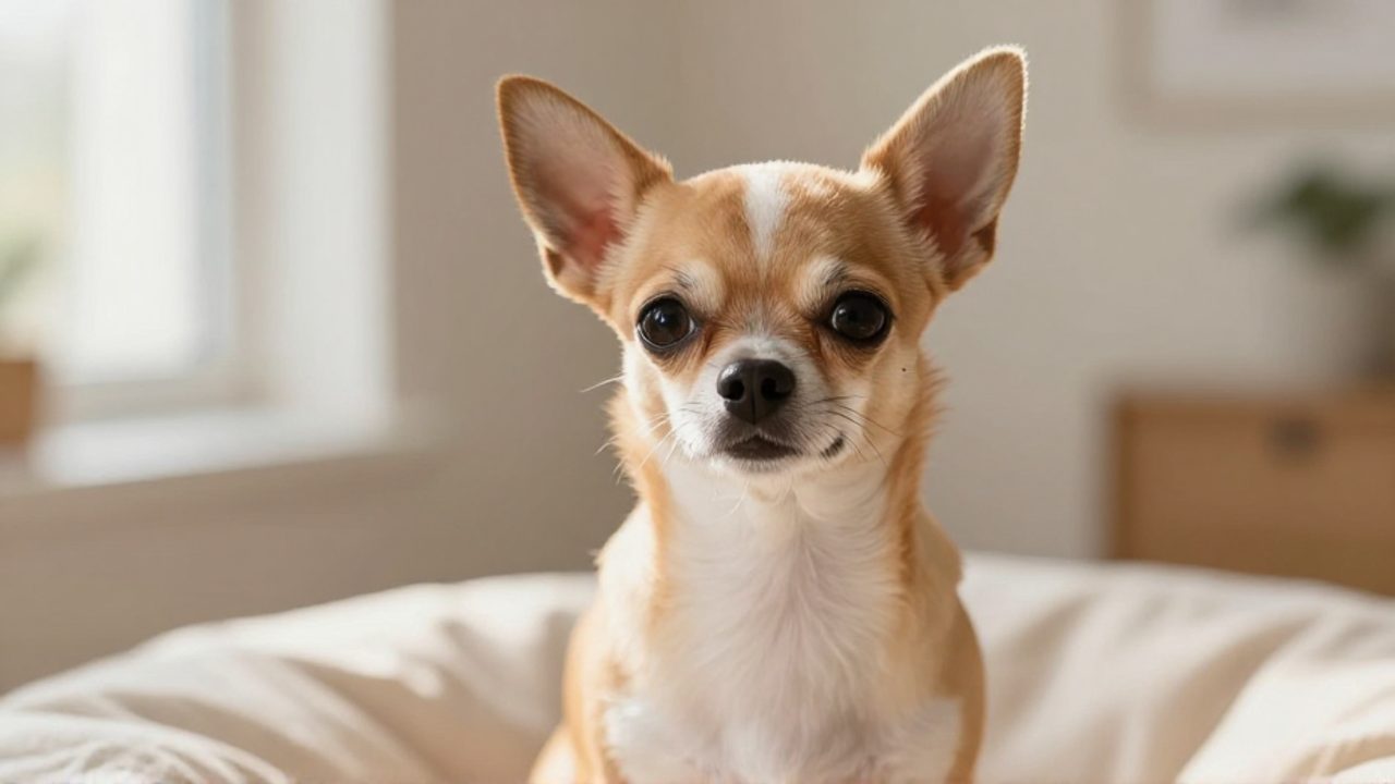 Chihuahua de pelaje canela y blanco sentada con atención sobre una superficie de lino en un ambiente hogareño iluminado por luz natural.