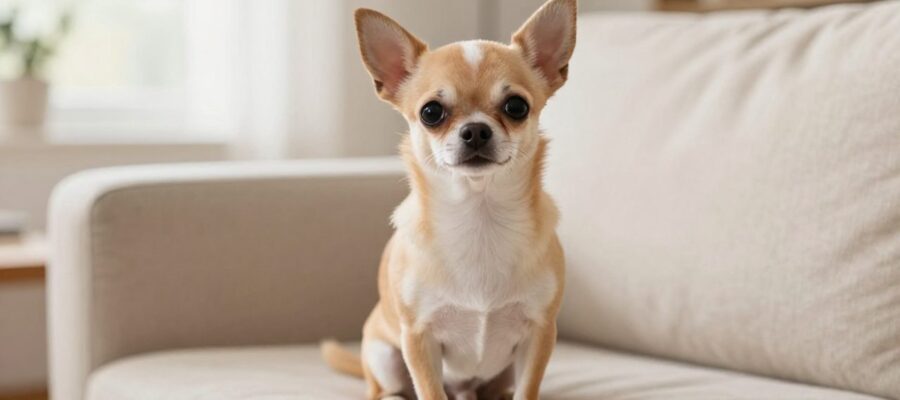 Una chihuahua hembra con mirada curiosa sentada en un sofá de lino en una sala iluminada por el sol.
