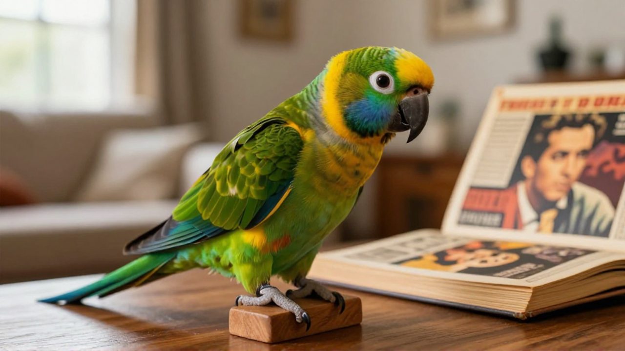 Un loro de colores brillantes posado en un soporte de madera junto a un libro de cine clásico en una sala acogedora.