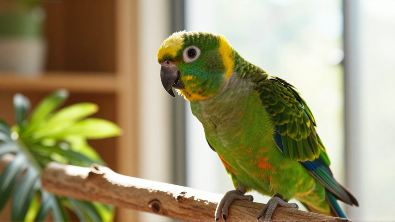 Loro de colores verde y amarillo posado en una rama de madera, mirando con curiosidad hacia la cámara en un entorno doméstico iluminado por el sol.