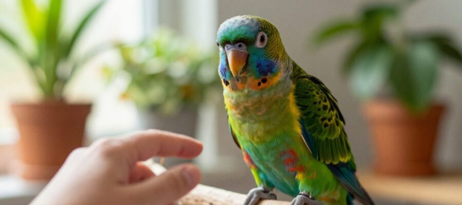 Loro de colores brillantes posado en una rama de madera mientras interactúa con una persona en un hogar acogedor.