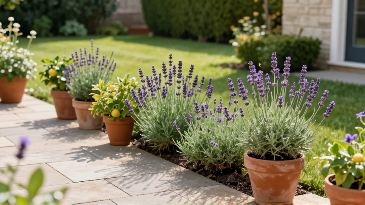 Plantas de lavanda y cítricos en macetas de terracota dispuestas como barrera aromática en un jardín residencial.