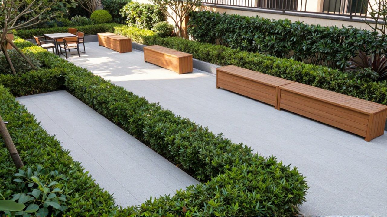 Terraza y jardín residencial impecables con setos cuidados, pavimentación limpia y jardineras ordenadas que transmiten un entorno higiénico.