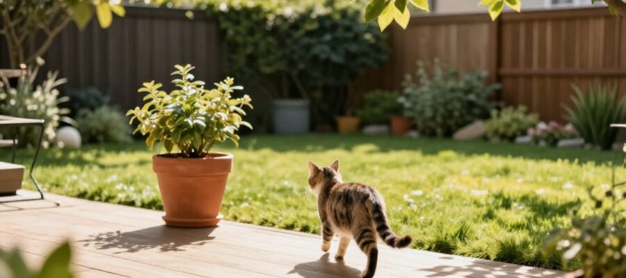Un gato se aleja caminando por un jardín residencial con césped cuidado y plantas en macetas bajo la luz del sol.