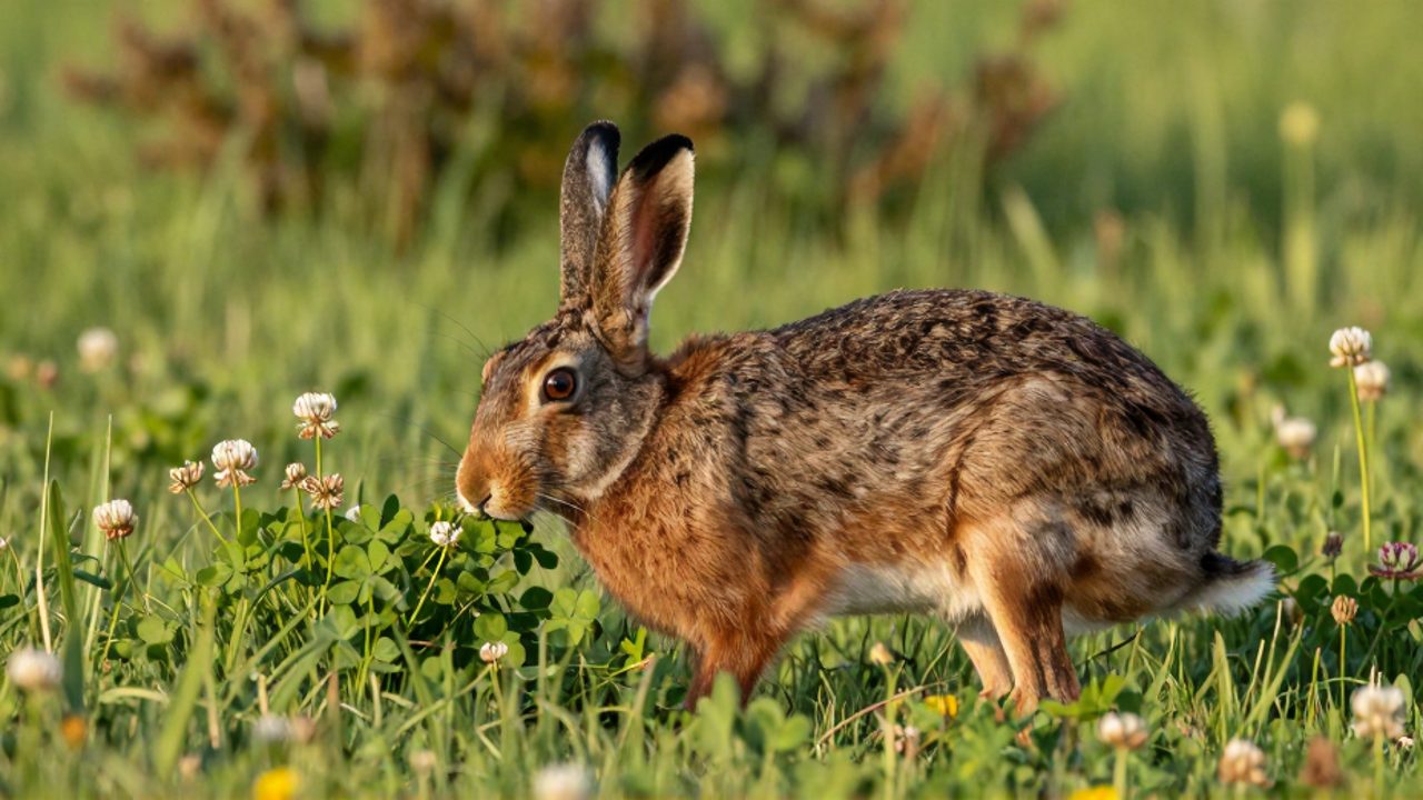 Una liebre adulta pasta tréboles y brotes tiernos en un prado verde iluminado por la luz del sol.