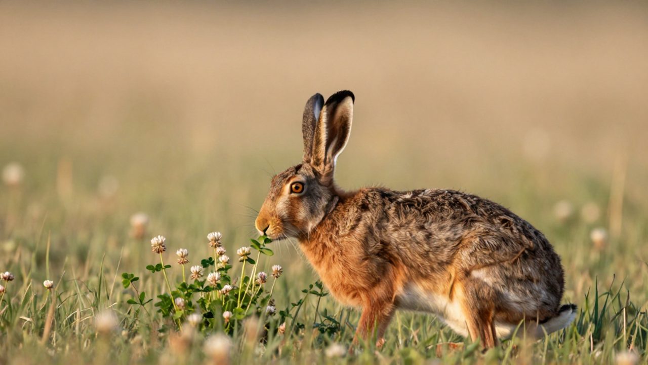 Liebre europea de perfil en un prado, olfateando brotes verdes y tréboles entre la vegetación.