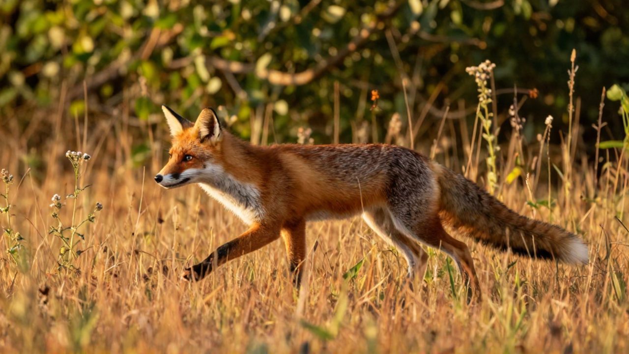 Zorro rojo saltando entre la hierba alta de un prado durante el atardecer.