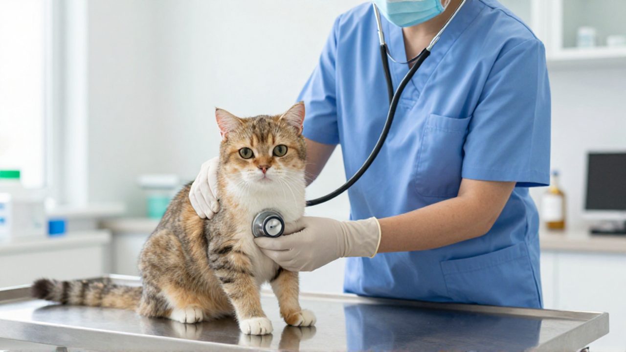 Un veterinario con guantes estériles revisa el ritmo cardíaco de una gata con un estetoscopio sobre una mesa de examen quirúrgico.