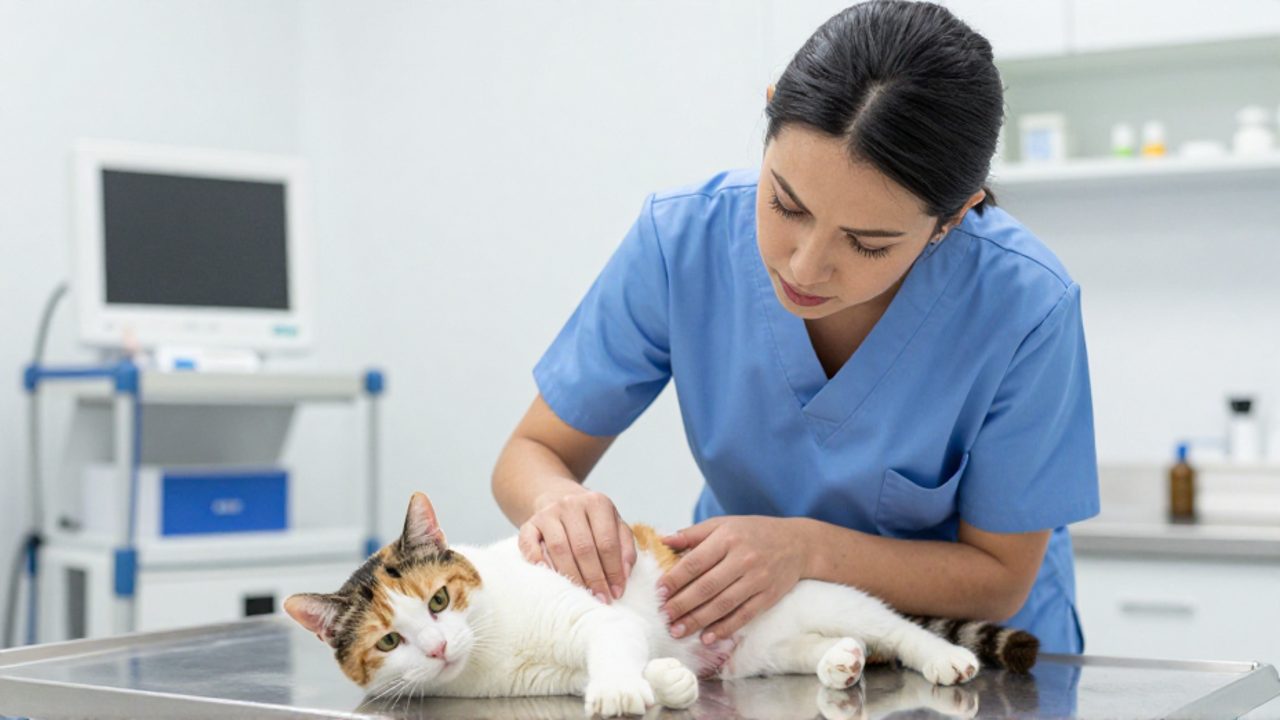 Una veterinaria examina con cuidado el abdomen de una gata calicó sobre una mesa médica en una clínica.