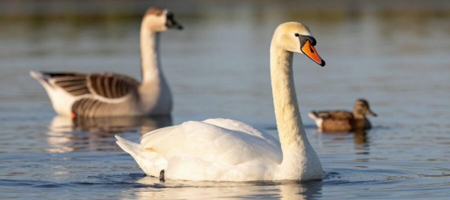 Un cisne blanco de cuello largo nada en primer plano mientras un ganso y un pato se encuentran al fondo para mostrar la diferencia de tamaño entre las especies.