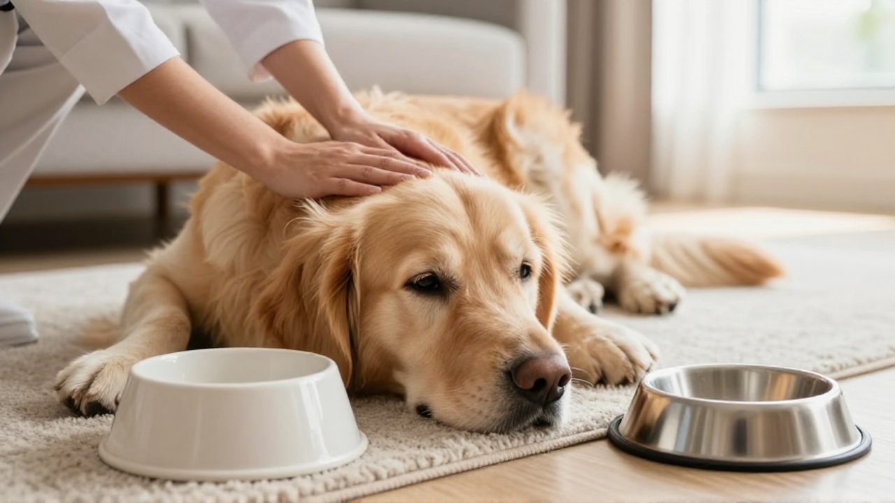 Una persona acaricia con cuidado a un perro Golden Retriever que descansa con apatía junto a un cuenco de comida vacío en una sala.