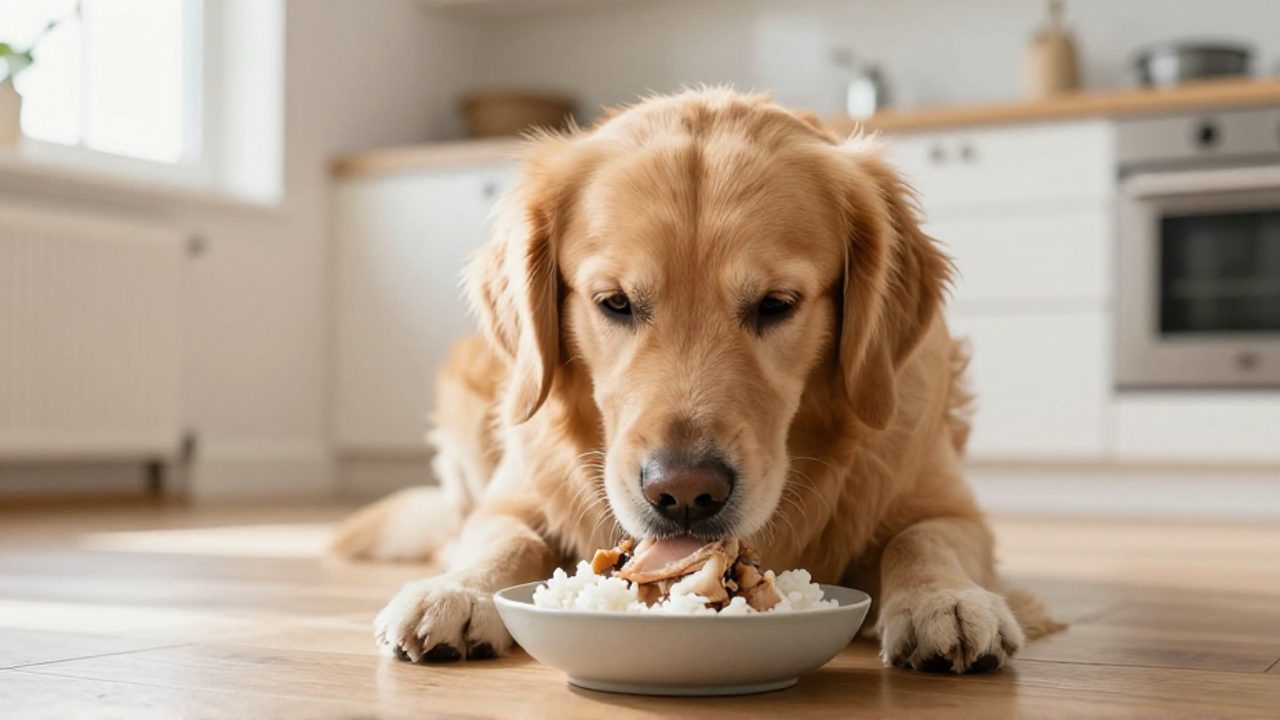 Un perro golden retriever come tranquilamente una pequeña ración de pollo hervido y arroz de un cuenco sobre el suelo de una cocina.